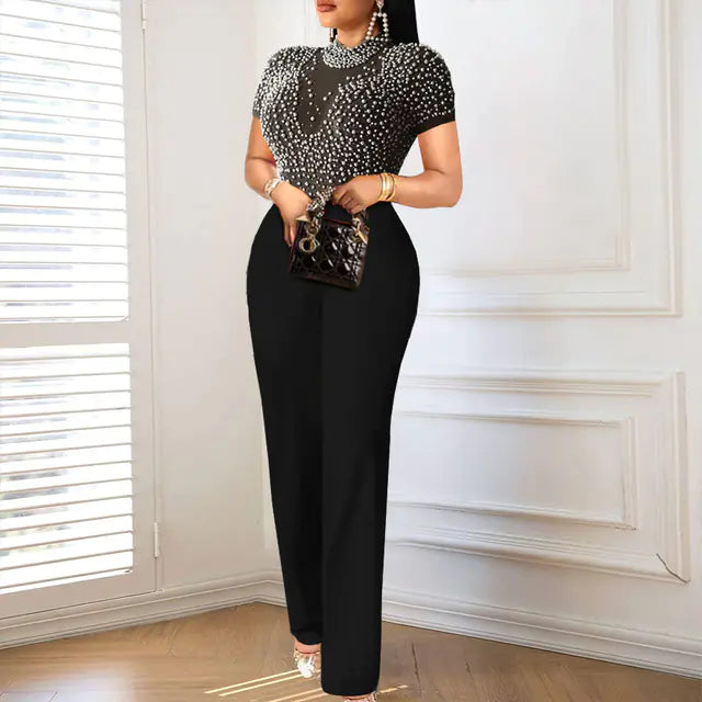 Elegant Plus Size Women’s Mesh Pearl Jumpsuit Outfit